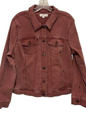 New Directions Denim Trucker Jacket Womens Large Dusty Rose Stretch Pockets